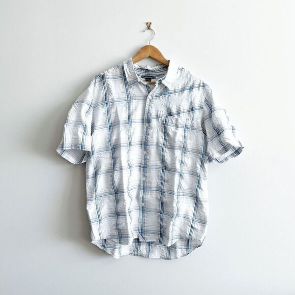 Quiksilver Mens Button Down Shirt Short Sleeve Casual Plaid Blue Gray XL - Picture 1 of 7